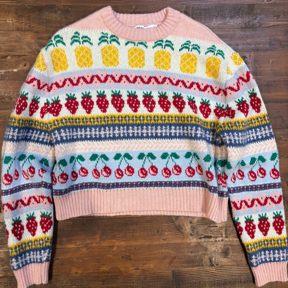 Zara Pink Multicolor Fruit Pattern Sweater